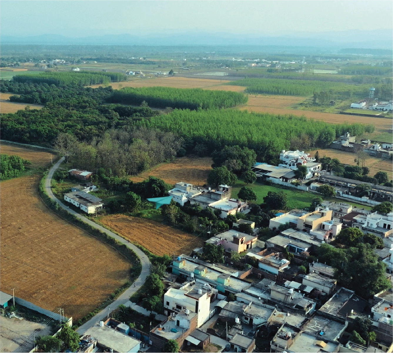 Aerial view of fields and the Kashipur region around Naini